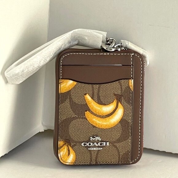 Coach Zip Card Case Banana CR833 ID Wallet Brown Canvas Leather Chain Strap - Picture 1 of 8